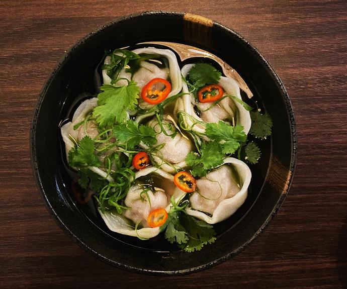Phở dumplings – beef dumplings in a phở broth with basil oil and herbs.
