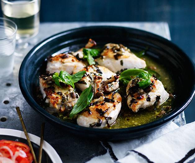 **[Chicken roasted with wine, basil and capers](http://www.gourmettraveller.com.au/recipes/fast-recipes/chicken-roasted-with-wine-basil-and-capers-13652|target="_blank")**
