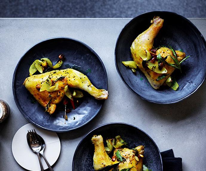 **[Turmeric chicken with lemon pickles and almonds](https://www.gourmettraveller.com.au/recipes/browse-all/turmeric-chicken-with-lemon-pickle-and-almonds-12508|target="_blank")**

