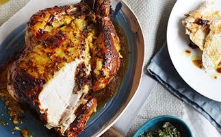 Spiced-yoghurt roast chicken with potato and ginger stuffing