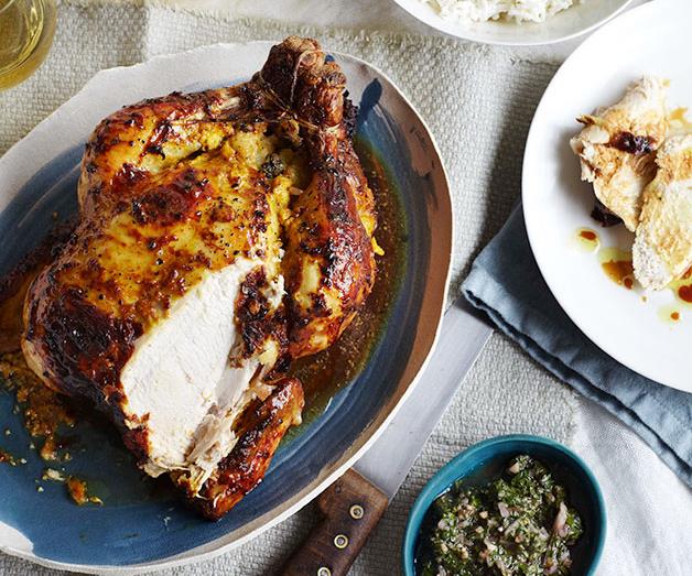 **[Spiced-yoghurt roast chicken with potato and ginger stuffing](http://www.gourmettraveller.com.au/recipes/browse-all/indian-spiced-roast-chicken-14323|target="_blank")**
