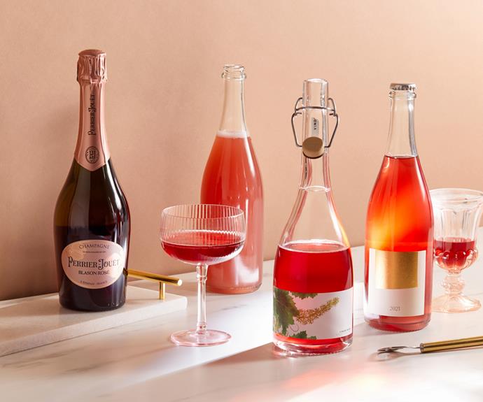 Sparkling rosé (left to right): NV Perrier-Jouët 'Blason Rosé' Champagne; 2016 Dal Zotto 'La Nebbia' Col Fondo Nebbiolo Sparkling; NV Vinden Estate Alicante Bouschet Sparkling; 2021 Nick Spencer Pétillant Naturel.