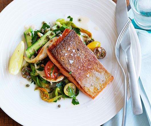 **[Ocean trout with calamari, cherry tomato and zucchini flower salad](https://www.gourmettraveller.com.au/recipes/chefs-recipes/ocean-trout-with-calamari-cherry-tomato-and-zucchini-flower-salad-9016|target="_blank")**