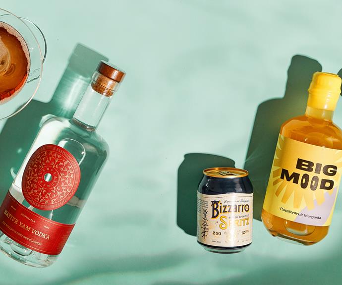 From left to right: Seven Seasons Native Yam Vodka; Bizzarro Bitter Bizzarro Spritz; Big Mood Passionfruit Margarita