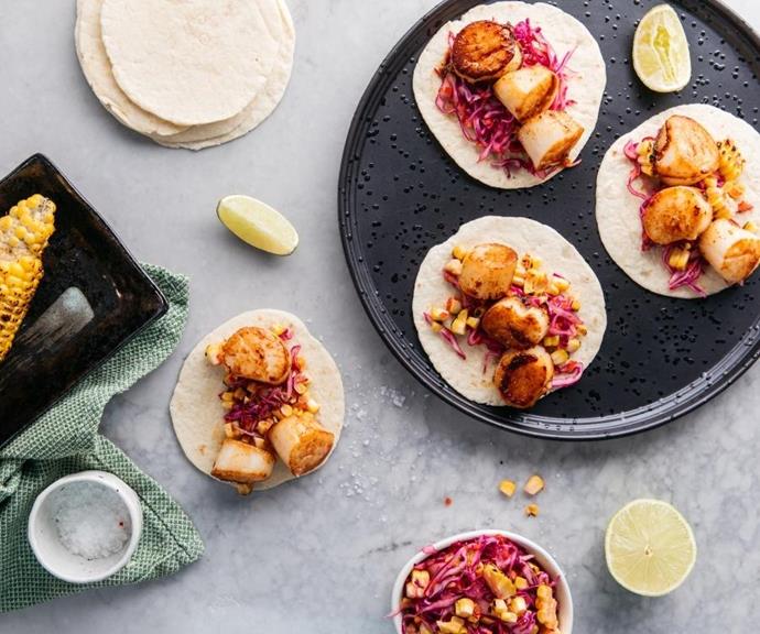 **[Scallop tacos](https://labanderita.tv/recipes/scallop_tacos|target="_blank"|rel="nofollow")**
Here comes that aforementioned blast of Mexican colour. The seared scallops are a great visual base for bright charred corn, chopped long red chilli and shredded purple cabbage. As for the tacos, Justine says: "Heat up some of the La Banderita street tacos for about 30 seconds on each side, just in a warm pan without any oil."