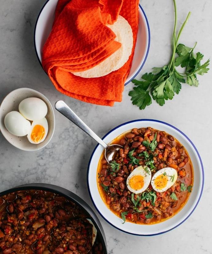 **[Braised beans with soft boiled eggs](https://labanderita.tv/recipes/mexican_braised_beans_with_soft_boiled_eggs|target="_blank"|rel="nofollow")** 
Another vegetarian favourite, this Mexican dish swaps meat for kidney beans and lentils doused in spices and honey. It's stuffed with lightly caramelised vegetables and soft boiled eggs and served with warm tacos on the side, making for a wholesome and satiating dinner.