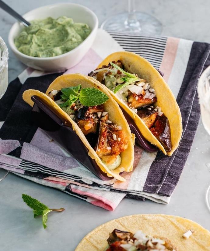 **[Charred eggplant tacos](https://labanderita.tv/recipes/charred_eggplant_tacos|target="_blank"|rel="nofollow")**
For the vegetarians among us, there's always eggplant tacos. Justine's reliable recipe is created with homemade avocado cream, eggplant brushed in tomato basting sauce, and corn tortillas. Garnish with almonds to add texture.