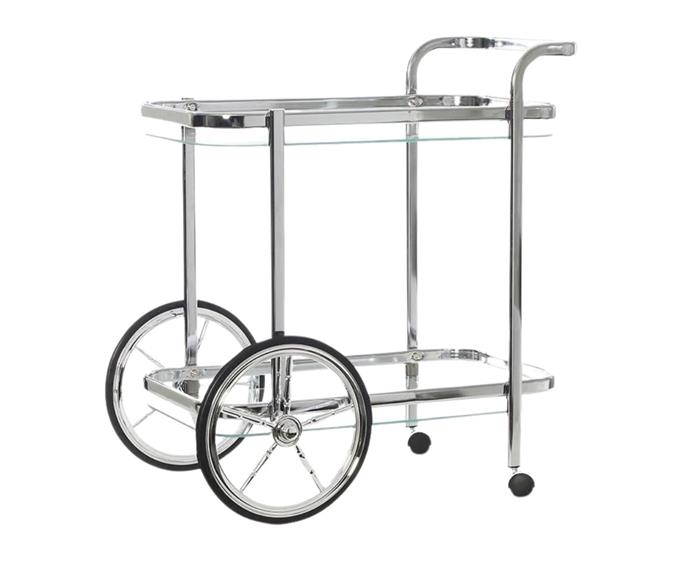 **Smith chrome glass bar cart, $199 at [Interior Secrets](https://www.interiorsecrets.com.au/products/smith-chrome-glass-bar-cart|target="_blank"|rel="nofollow")**
