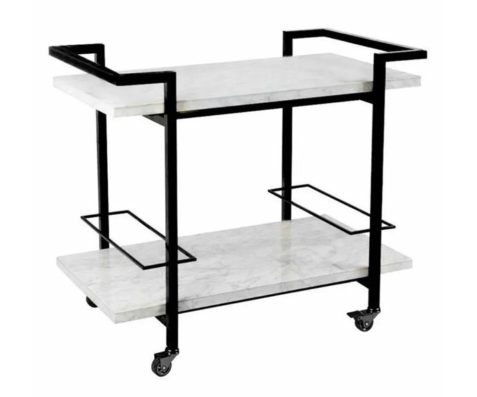 **Luxe Living Franklin white marble bar cart in black, $2399 at [Matt Blatt](https://www.mattblatt.com.au/mb/buy/zohi-interiors-luxe-living-franklin-white-marble-bar-cart-in-black-10149/|target="_blank"|rel="nofollow")**