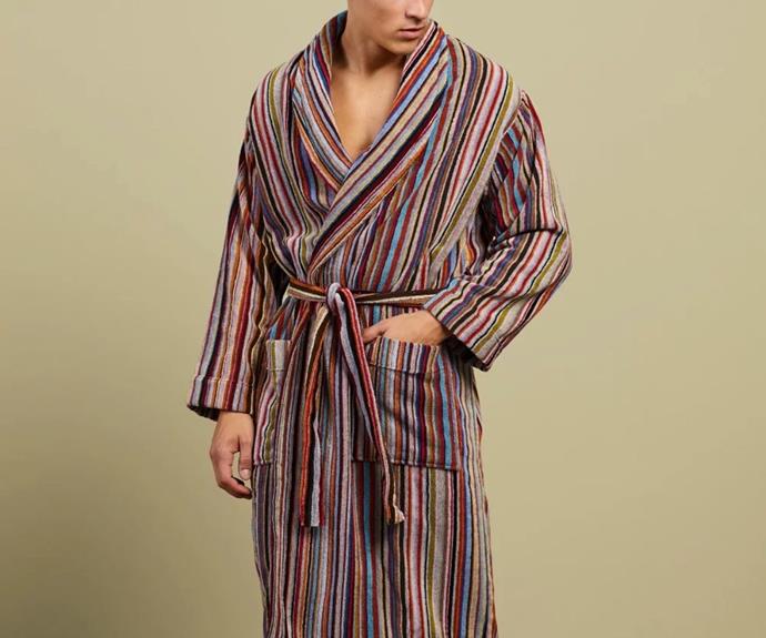 **Paul Smith Signature stripe towelling dressing gown, $405 at [The Iconic](https://www.theiconic.com.au/signature-stripe-towelling-dressing-gown-1197091.html|target="_blank"|rel="nofollow")**

Featuring soft stripe towelling of pure cotton, men of leisure will love such a technicolour dream dressing gown.

**[SHOP NOW](https://www.theiconic.com.au/signature-stripe-towelling-dressing-gown-1197091.html|target="_blank"|rel="nofollow")**