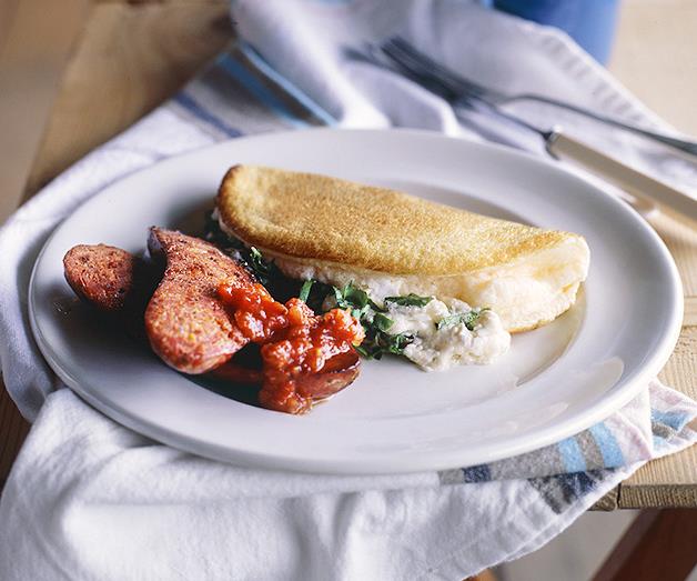**[Goat's cheese soufflé omelette with chorizo](http://www.gourmettraveller.com.au/recipes/fast-recipes/goats-cheese-souffle-omelette-with-chorizo-9535|target="_blank")**