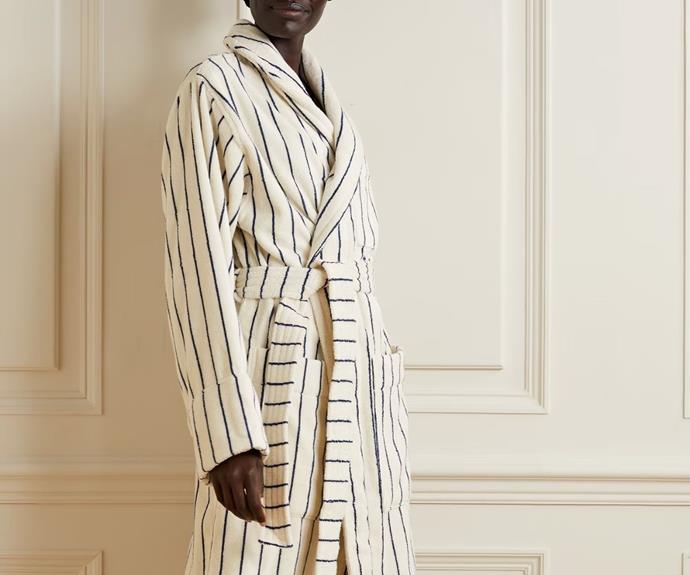 **Tekla striped organic cotton-terry robe, $281.28 at [NET-A-PORTER](https://click.linksynergy.com/deeplink?id=bbwaLgc15mM&mid=46255&u1=gt&murl=https%3A%2F%2Fwww.net-a-porter.com%2Fen-au%2Fshop%2Fproduct%2Ftekla%2Flingerie%2Flong-robes%2Fstriped-organic-cotton-terry-robe%2F38063312419151741|target="_blank"|rel="nofollow")**

Patterned with blue stripes on an ivory background, this organic cotton-terry robe from Tekla pays homage to the classic striped pyjama look.
<br><br>
**[SHOP NOW](https://click.linksynergy.com/deeplink?id=bbwaLgc15mM&mid=46255&u1=gt&murl=https%3A%2F%2Fwww.net-a-porter.com%2Fen-au%2Fshop%2Fproduct%2Ftekla%2Flingerie%2Flong-robes%2Fstriped-organic-cotton-terry-robe%2F38063312419151741|target="_blank"|rel="nofollow")**