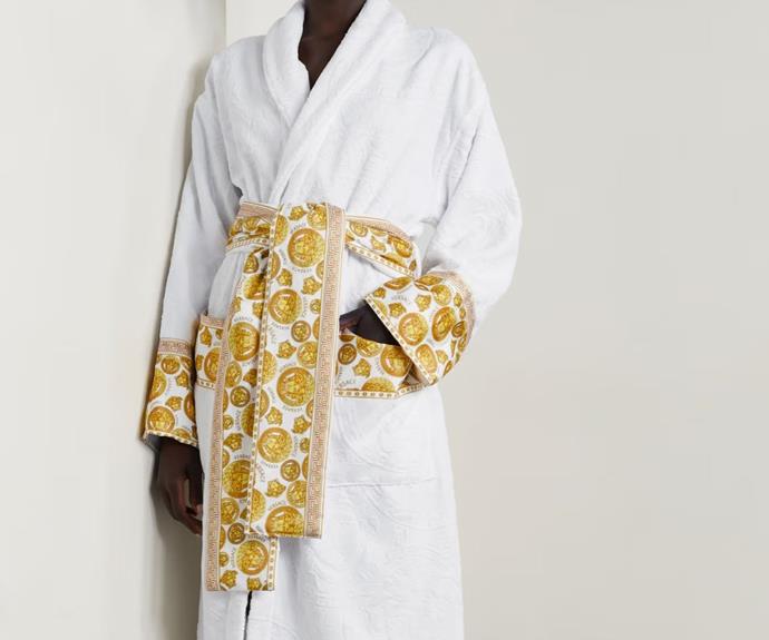 **Versace printed poplin-trimmed cotton-terry jacquard robe, $1109.20 at [NET-A-PORTER](https://click.linksynergy.com/deeplink?id=bbwaLgc15mM&mid=46255&u1=gt&murl=https%3A%2F%2Fwww.net-a-porter.com%2Fen-au%2Fshop%2Fproduct%2Fversace%2Flingerie%2Flong-robes%2Fprinted-poplin-trimmed-cotton-terry-jacquard-robe%2F45666037505006435|target="_blank"|rel="nofollow")**

Bring glamour to the couch with this plush cotton-terry Versace robe that features the label's signature Medusa heads and Greca motif on its cuffs, pockets and sash.
<br><br>
**[SHOP NOW](https://click.linksynergy.com/deeplink?id=bbwaLgc15mM&mid=46255&u1=gt&murl=https%3A%2F%2Fwww.net-a-porter.com%2Fen-au%2Fshop%2Fproduct%2Fversace%2Flingerie%2Flong-robes%2Fprinted-poplin-trimmed-cotton-terry-jacquard-robe%2F45666037505006435|target="_blank"|rel="nofollow")**