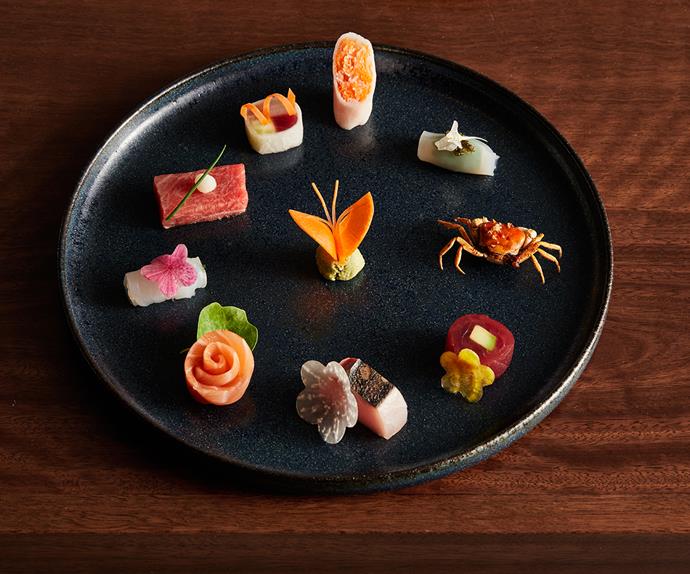 Yoshii's Omakase in Crown Sydney. Photo of 10 small dishes served at the omakase counter