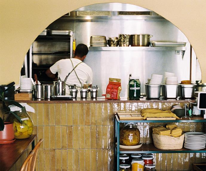 Manzé in North Melbourne, Victoria. Photo of restaurant with view into the kitchen