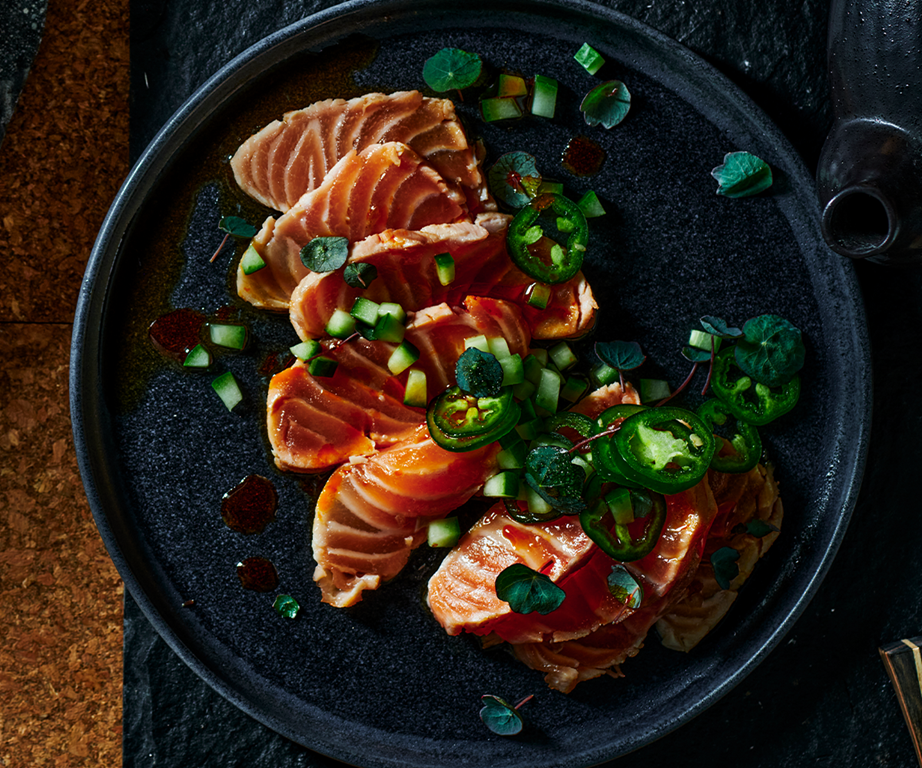 **[Grilled salmon tataki with lime and jalapeño ponzu](https://www.gourmettraveller.com.au/recipes/fast-recipes/salmon-tataki-21280|target="_blank"|rel="nofollow")**