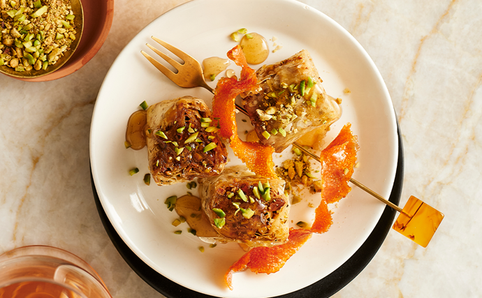 Baklava rolls with pistachio, orange and cardamom 