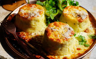 Twice-baked goat’s cheese soufflé recipe with Manchego, and chive