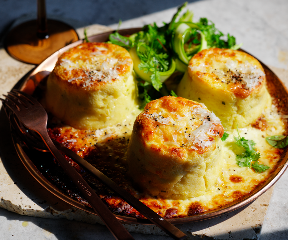 **[Twice-baked goat's cheese soufflé with Manchego and chive](https://www.gourmettraveller.com.au/recipes/browse-all/twice-baked-goats-cheese-souffle-21294|target="_blank"|rel="nofollow")**