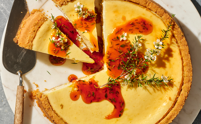 Whole-lemon and labne cheesecake with honey and thyme syrup