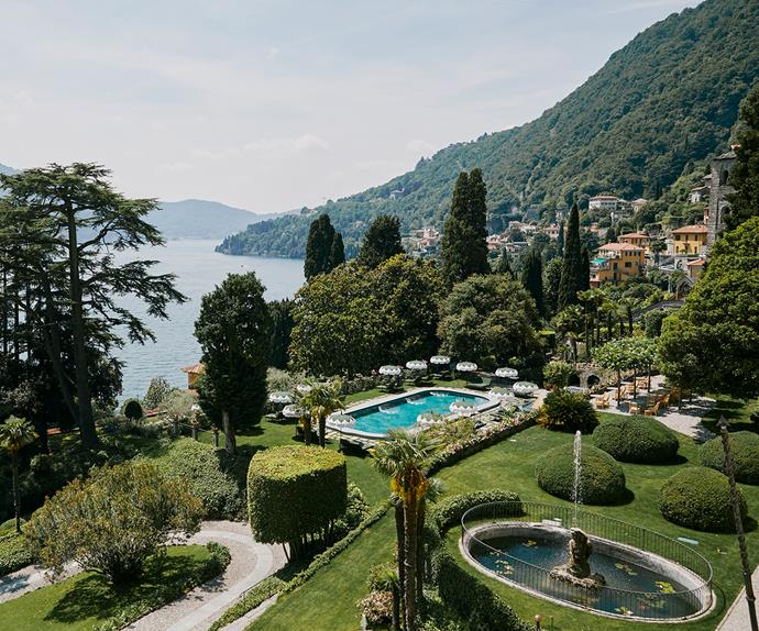 Passalacqua Lake Como's pool and garden, with a view of Lake Como.iew of the po