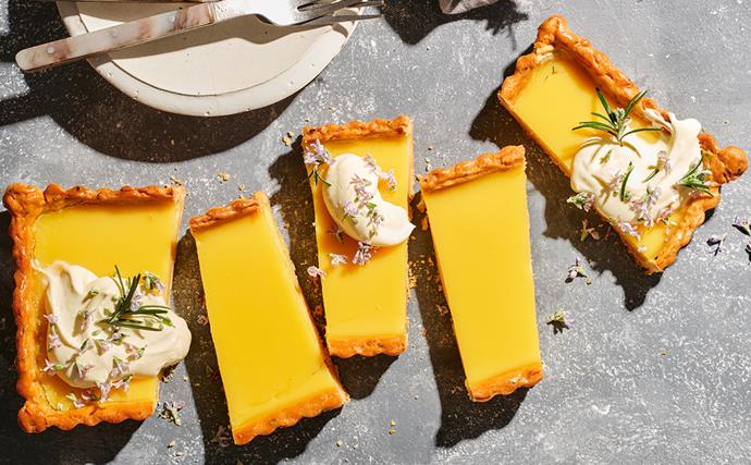 An aerial view of several rectangular slices of lemon and rosemary tart.