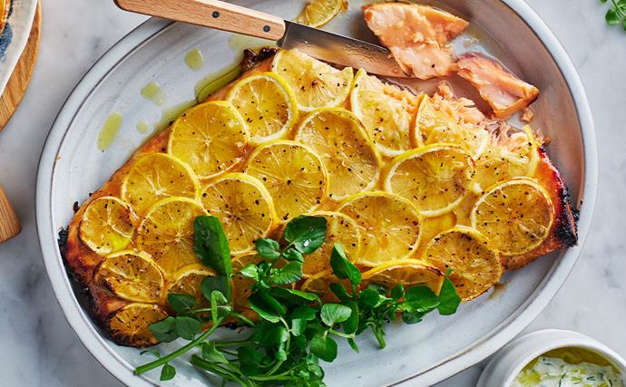 Mustard-baked salmon with a small bowl of fennel tzatziki on the side.