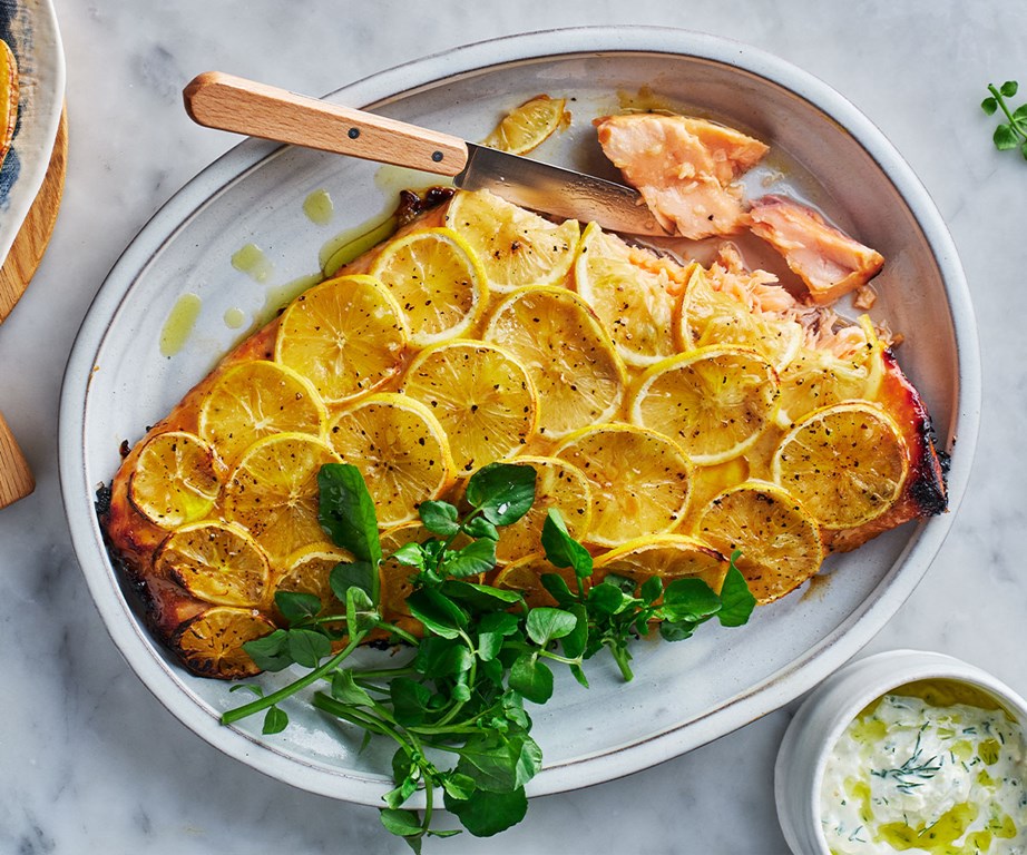 **[Mustard-baked salmon with kipflers and fennel tzatziki](https://www.gourmettraveller.com.au/preview/recipes/browse-all/mustard-baked-salmon-21361|target="_blank"|rel="nofollow")**