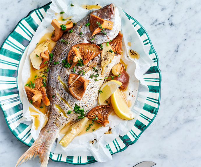 Paper baked snapper recipe with artichokes and mushrooms.