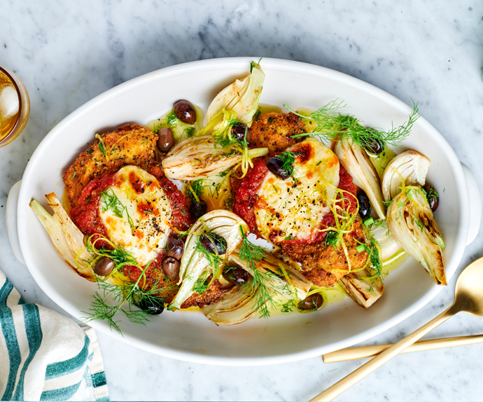 Chicken parmigiana recipe with roast fennel and olive