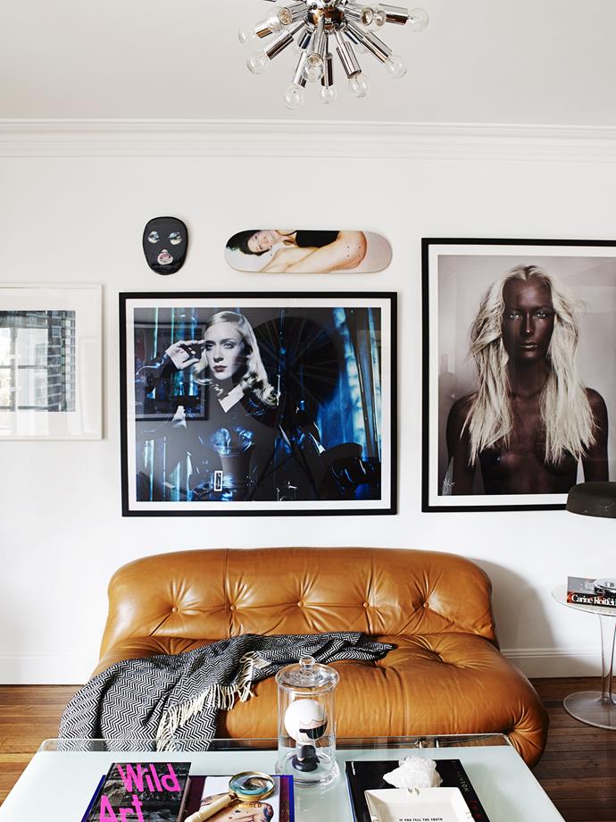 Above the vintage Soriana sofa hangs a [Daniela Federici](http://www.danielafederici.com/|target="_blank")  photograph of actress Chloë Sevigny, a photograph by Justin Cooper and other striking objets d'art.