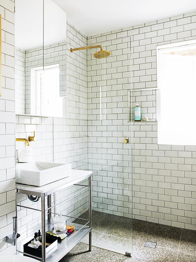 In the bathroom, Dina had a hospital trolley repurposed as a vanity – the top was replaced with a marble slab. The bathroom's matt brass fittings are a favourite of Dina's: "I love seeing how they age and develop patinas."