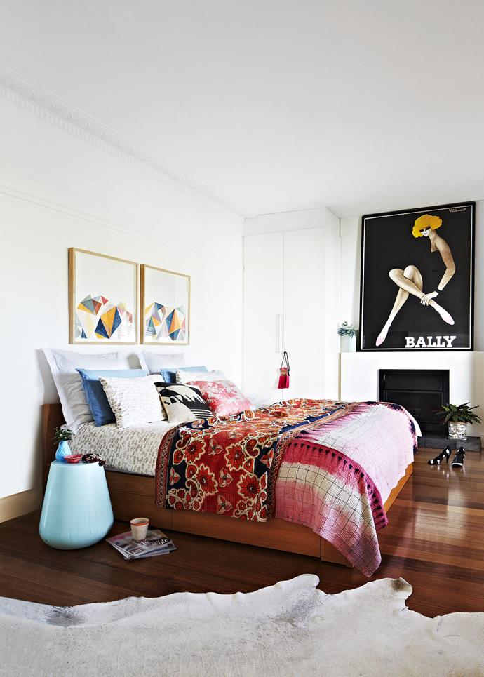 The Melbourne bedroom of Cherie Slater, co-owner of homewares brand [Marmoset Found](http://www.marmosetfound.com.au/|target="_blank") is layered with surprising combinations. Featuring animal-print sheets to graphic abstract cushions and a floral quilt stitched from saris. The success of this eclectic scheme is due to the careful interplay of patterns. "Bring together things you love and they tend to mix naturally," says Cherie.