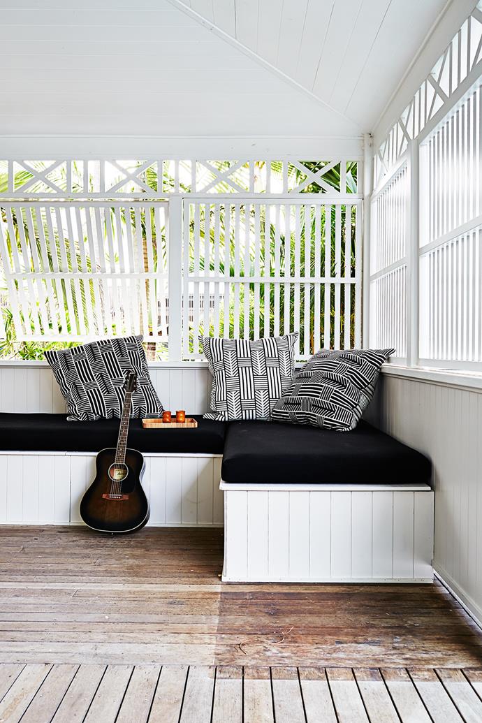 A day bed, complete with cushions from [Country Road](http://www.countryroad.com.au/|target="_blank") is ideal for a snooze, or music time – the boys play guitar. Slatted shutters allow for both fresh air and privacy.