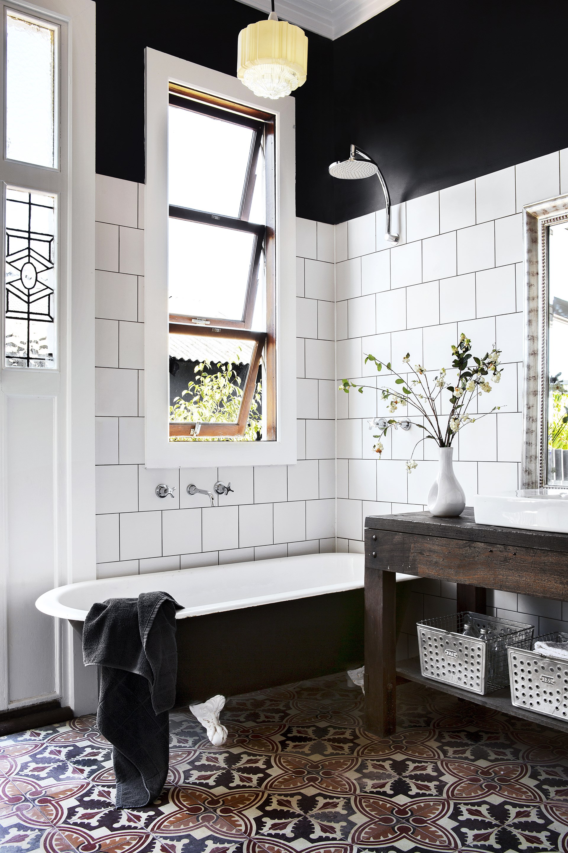Trawling eBay to find these antique Spanish floor tiles was a real win for the bathroom within [this Art Deco-style home](http://www.homestolove.com.au/gallery-carla-and-bens-art-deco-style-new-house-1798|target="_blank").