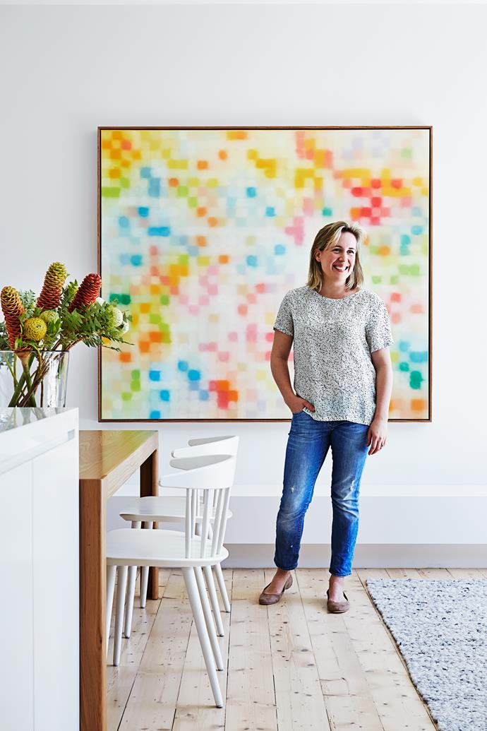 "We love where we live," says owner Penny Cohen of her home's Melbourne inner location. "There are great parks and restaurants while still being close to the city and my work." The artwork is by Matthew Johnson. 

For similar **flooring**, try Pine in Brushed White Oil, (2.48m x 18cm) from [Mafi](http://www.mafi.com.au/|target="_blank"). Olbia Weave (2m x 3m) **rug** from [Halcyon Lake](http://www.halcyonlake.com/|target="_blank"). Hay J104 **dining chairs** from [Cult](http://www.cultdesign.com.au/|target="_blank").