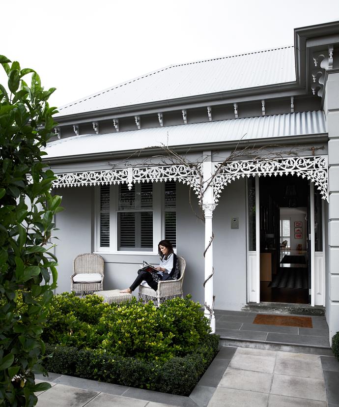 Georgina Austin relaxes with a book on the front verandah of her [double-fronted brick Victorian home](http://www.homestolove.com.au/georgina-and-wills-monochrome-victorian-home-1873|target="_blank") in Prahran, Melbourne.