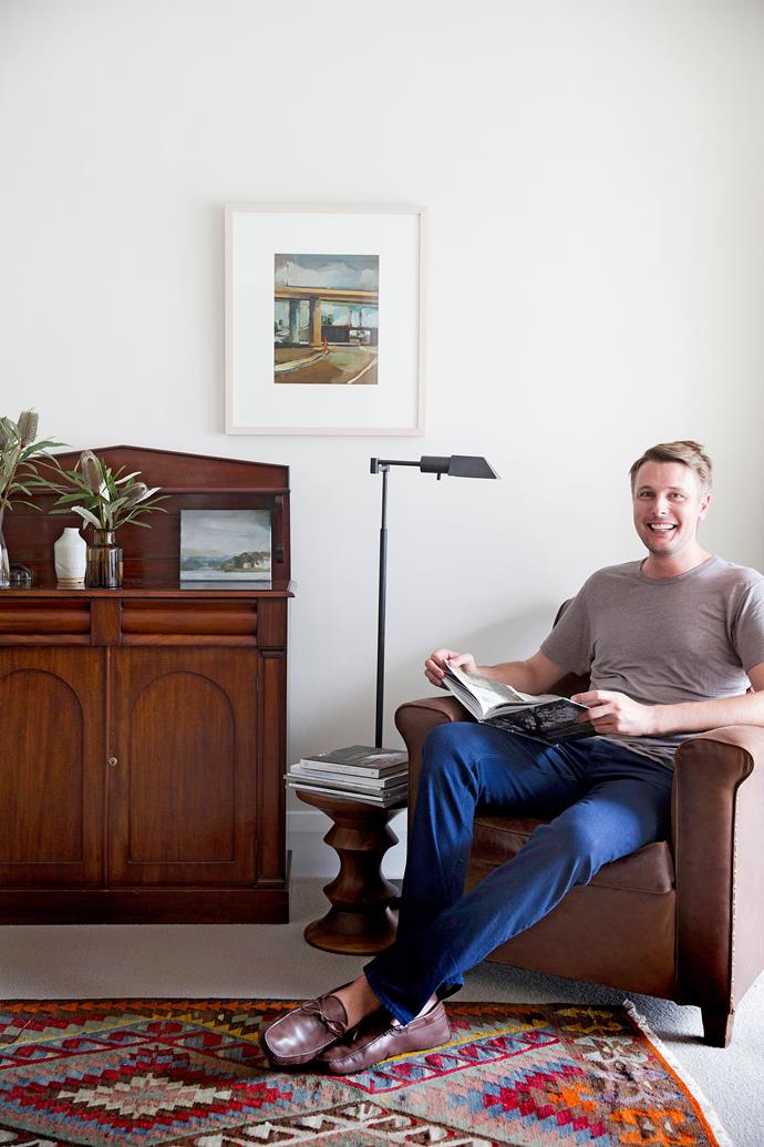 Owner and DIY renovator, [Hugh Burnett](http://www.hughburnett.com/|target="_blank") relaxes in his apartment's new living room.  

**Artwork** by [Gabrielle Collins](http://gabrielle-collins.com/|target="_blank").