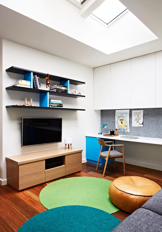 In this combined kids’ living room and study, the different zones are unified by colour. Styling: [Doherty Design Studio](http://www.dohertydesignstudio.com.au/|target="_blank"). Photo: Armelle Habib.