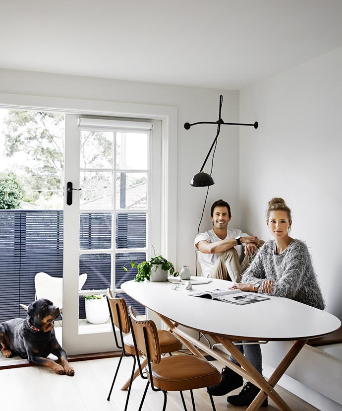 Homeowners Rhiannon Farmer and Matt Orr, who run interior design and building company [Design Orr Build](http://www.designorrbuild.com.au/|target="_blank"), sit in their newly created dining nook with French doors leading to the new back deck. The dining chairs were found on the street.

Dining **table** from [Ikea](http://www.ikea.com.au/|target="_blank").
