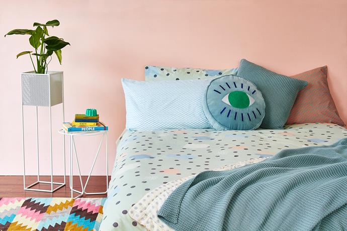 Some fresh bedding in mint and blush is sure to give you (and your bedroom) a lift. Cloud Bloom **pillowcase set**, $49, **duvet cover**, $159, all from [Arro Home](http://www.arrohome.com/?utm_campaign=supplier/|target="_blank").