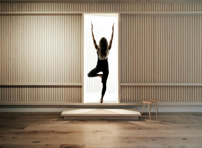 **Move Yoga**
Blonde timber dowel detailing adds a quiet rhythm to the pared-back space. Photo: Earl Carter.