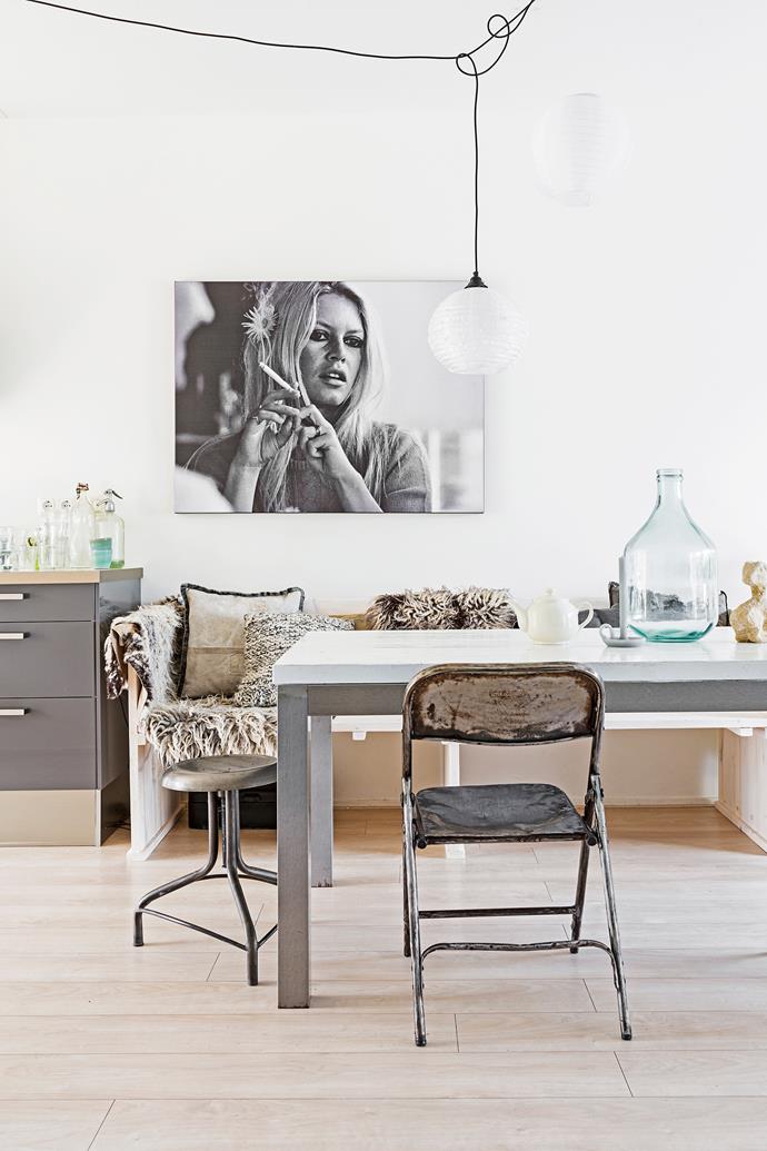 The dining area combines all of Marieke’s fave things: soft tones, industrial pieces and woolly textures. A bench seat is a nice alternative to chairs. The photo is of Brigitte Bardot.