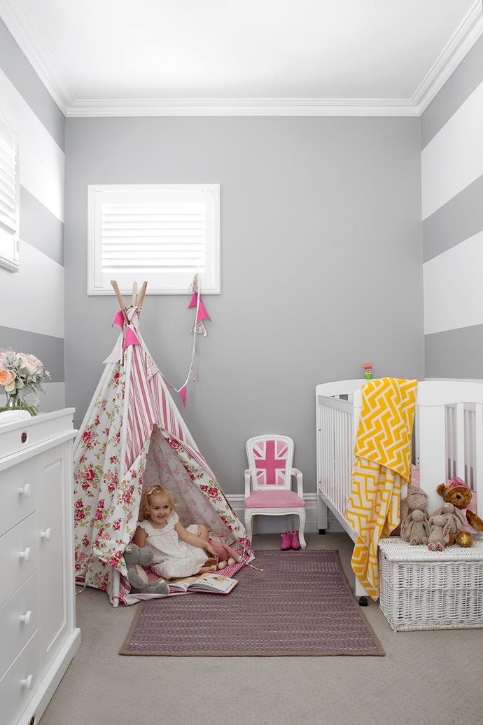 In youngest daughter Grace’s room, dove grey walls form the perfect backdrop for white nursery furniture and a cute pink **tepee** from [Mocka](http://www.mocka.com.au/?utm_campaign=supplier/|target="_blank").