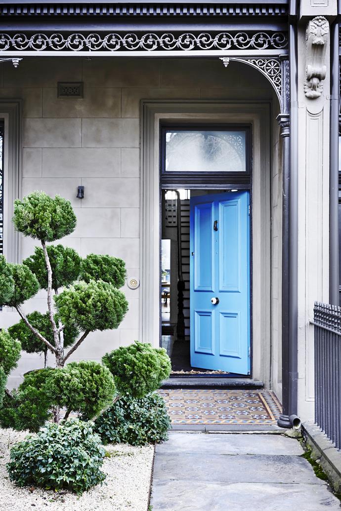 The elegantly sculpted Chinese juniper and front door painted in [Porter's Paints](http://www.porterspaints.com?utm_campaign=supplier/|target="_blank") Westport Blue hint at the design surprises inside.