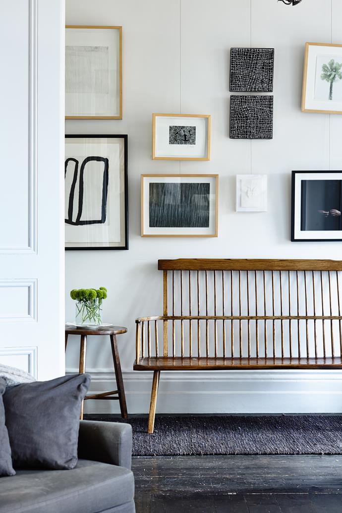 The bright white walls in the hallway are the ideal backdrop for artworks by (clockwise from top left) Kitty Kantila, Jimmy Pike, Dorothy Napangardi, Sidney Nolan, Sophia Szilagyi, Le Corbusier, Cy Twombly and Rover Thomas.

**Bench** and **side table** by [Greg Stirling](http://gregstirlingfurniture.com?utm_campaign=supplier/|target="_blank"). **Runner** from [Armadillo&Co](http://armadillo-co.com?utm_campaign=supplier/|target="_blank").