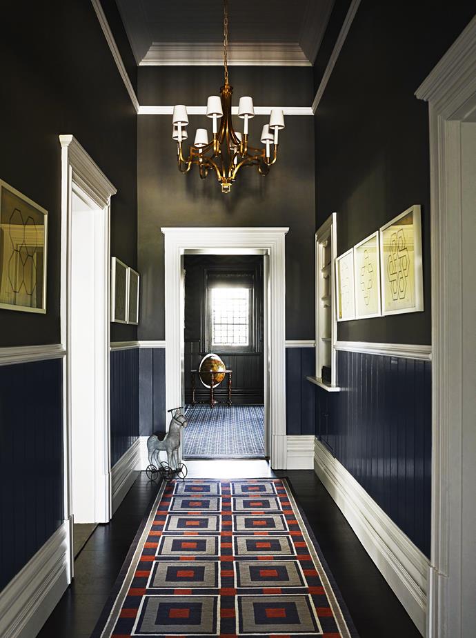 Greg's clever mixing of pattern and strong colour "stretched the way we look at design", say the owners. Lake Como **runner** in the hallway from [Designer Rugs](http://www.designerrugs.com.au/?utm_campaign=supplier/|target="_blank").