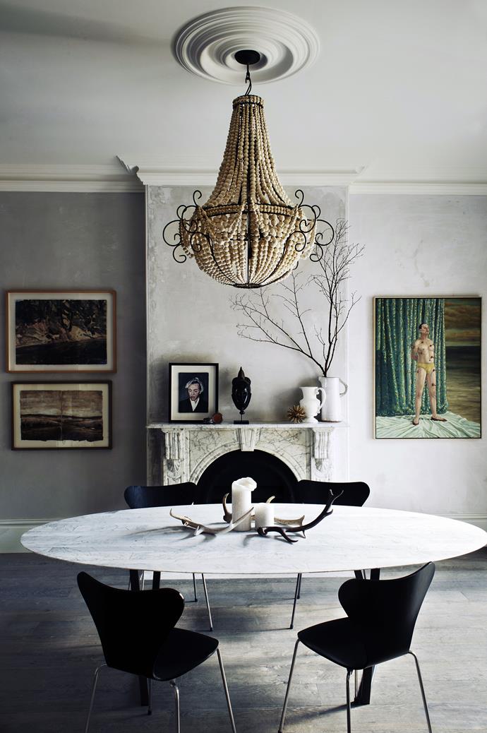 “This is a special Australian terrace – one of the six grand old terraces of Paddington,” says homeowner Penny. “It is in an amazing location, with a 6.5-metre frontage in a densely populated part of Sydney.” A recycled clay **chandelier** made to order from [The Design Hunter](http://www.thedesignhunter.com.au/?utm_campaign=supplier/|target="_blank"), reigns over the Dritto **dining table** from [Boffi Studio](http://www.boffistudio.com.au/?utm_campaign=supplier/|target="_blank") with Arne Jacobsen ‘Series 7’ **chairs** from [Cult](http://www.cultdesign.com.au/?utm_campaign=supplier/|target="_blank"). **Antlers** are from [1803 Artisan Deer Design](http://1803.com.au/?utm_campaign=supplier/|target="_blank").