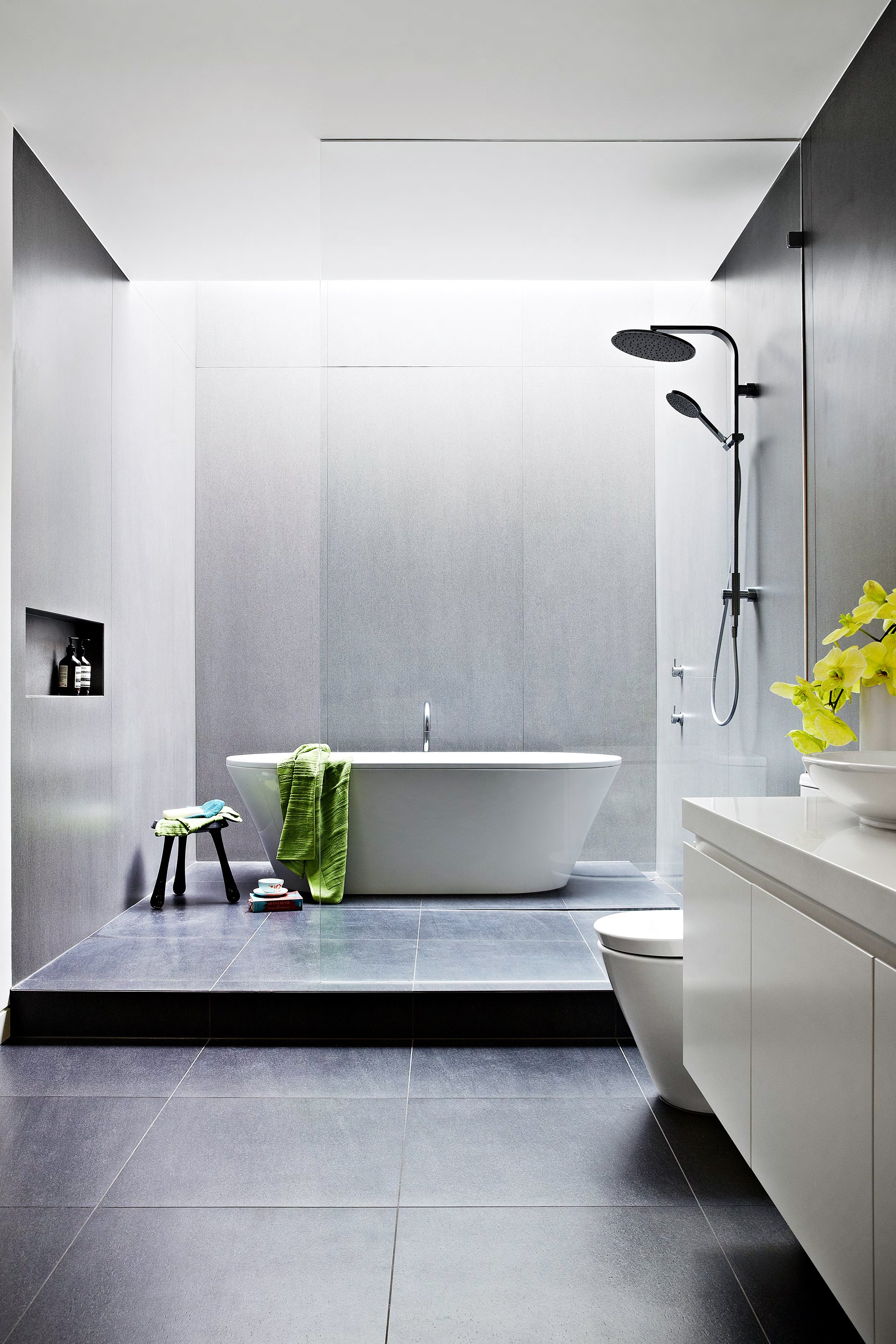 A skylight beams natural light into the cave-like bathroom of this [sleek modern abode](http://www.homestolove.com.au/contemporary-home-celebrates-sunshine-style-and-space-2476|target="_blank"). Photo: Armelle Habib / *Australian House & Garden*