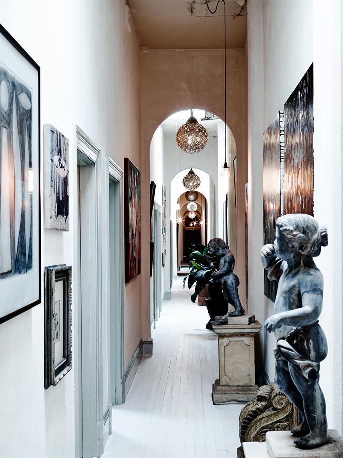 The 63-metre-long hallway hosts French cupids, Indian lights, a McLean Edwards drawing and a Clinton Nain painting.